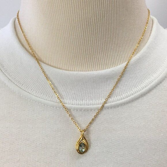 Gold Plated Faux Aquamarine Pendant 18in Trace Chain Necklace March Birthstone - Picture 13 of 13